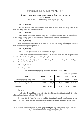 Đề thi chọn học sinh giỏi lớp 9 năm học 2015-2016 môn địa lý 9 thời gian làm bài 150 phút